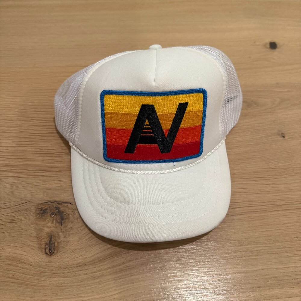 Aviator Nation Logo rainbow Vintage Trucker Hat White